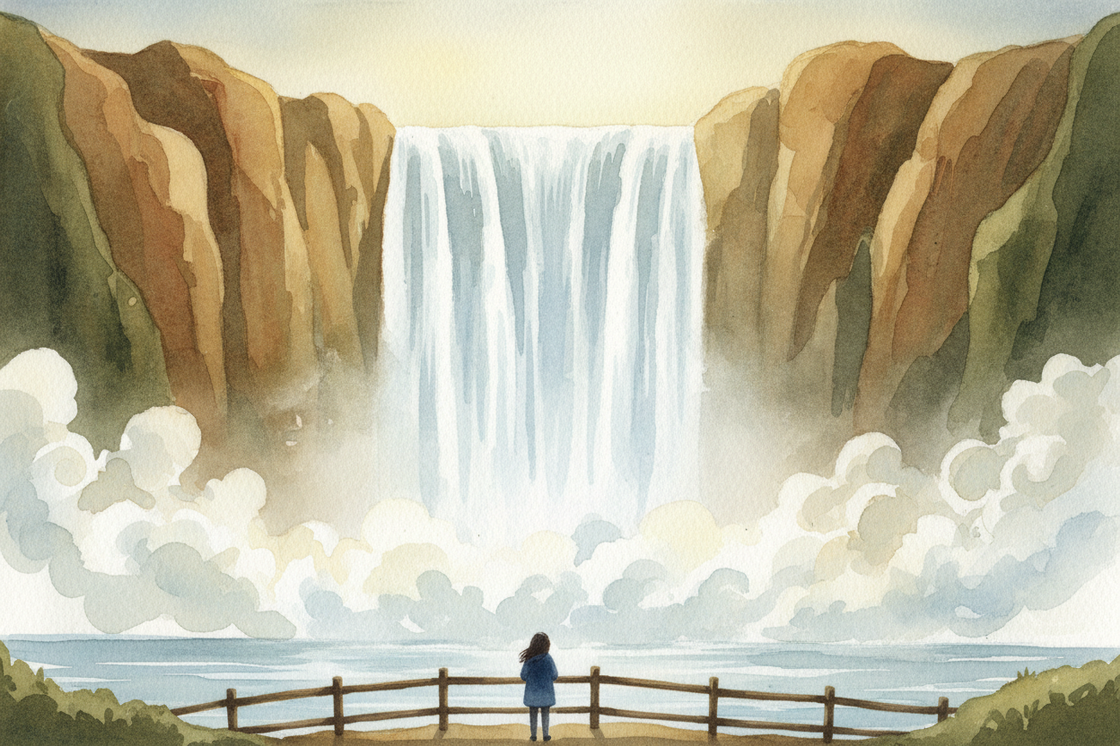 You're standing at the edge of ++Niagara Falls++, and **millions of gallons** of water are thundering over the cliff eve
