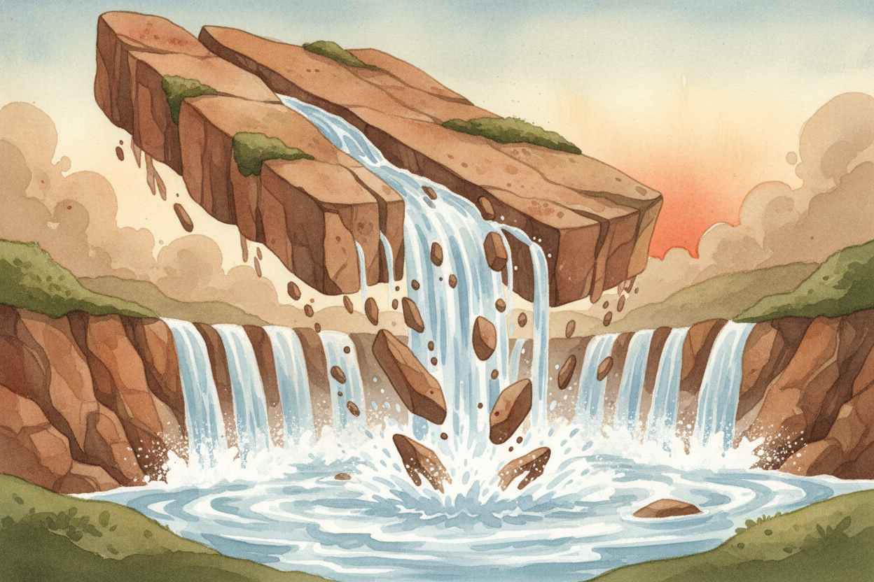 Eventually, that rocky shelf gets too heavy. Gravity wins. The unsupported edge cracks and tumbles into the river below 