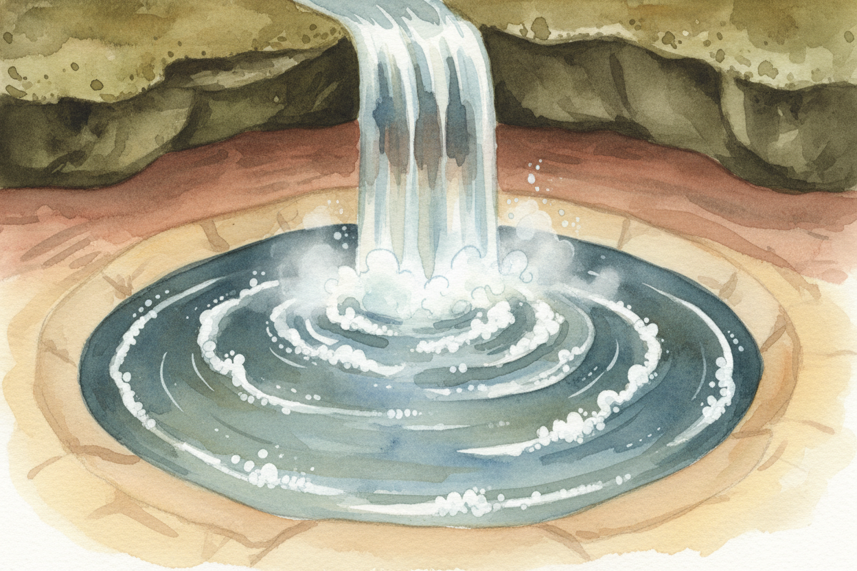 But the waterfall doesn't stay put. The water keeps hammering at the base, especially where it lands — that spot gets ~~