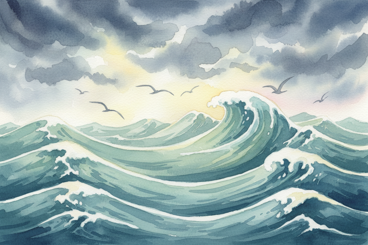 Out in the open ocean, far from land, waves can build for days. ~~Storm winds howling~~ across hundreds of miles of wate