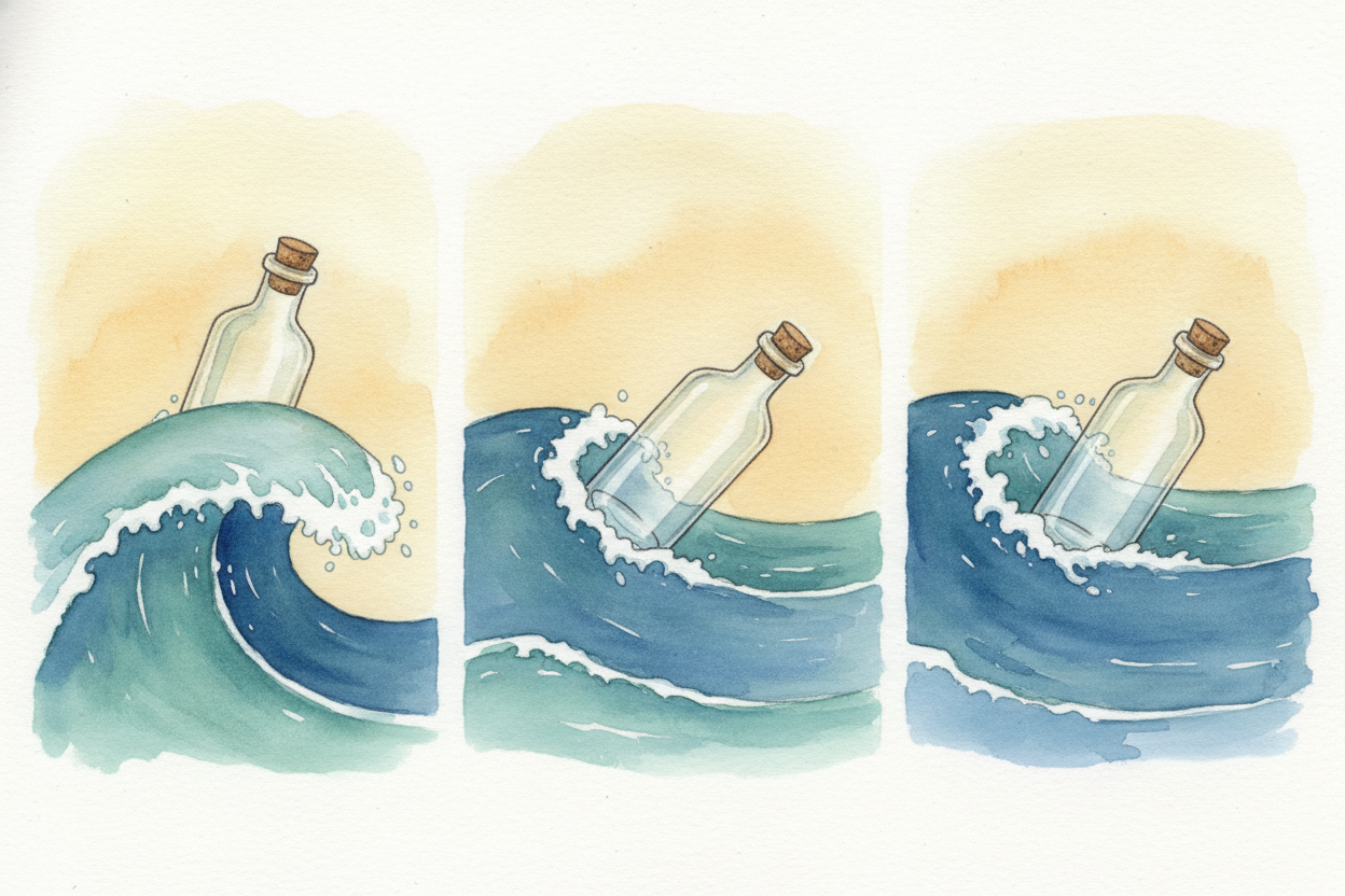 ~~But here's what's wild:~~ **the water itself doesn't travel with the wave**. If you dropped a floating bottle in the o