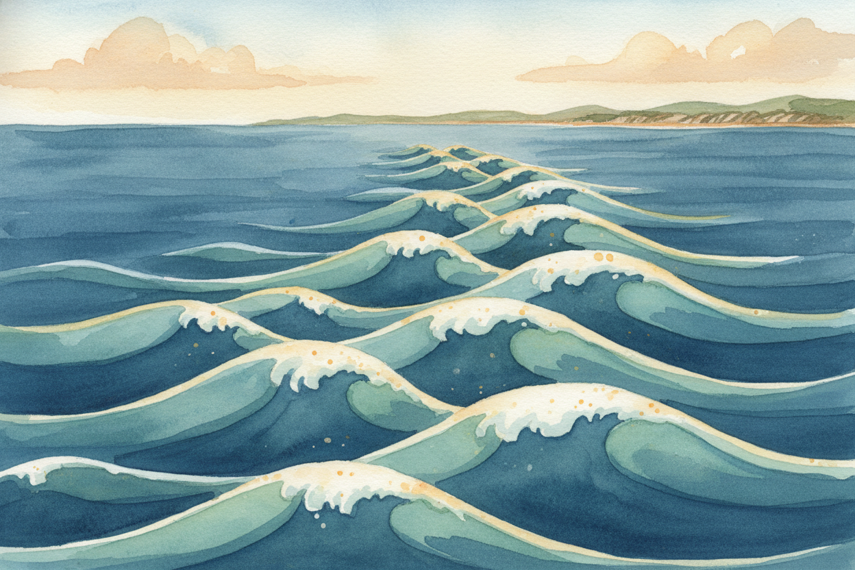 The wave carries that energy across the ocean **like a stadium crowd doing "the wave"** — ~~each person stands and sits 