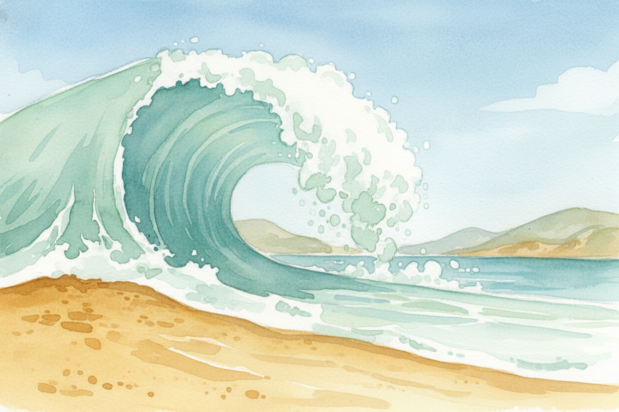 ~~Everything changes~~ when the wave reaches shallow water. The sea floor rises up and **drags on the bottom** of the wa