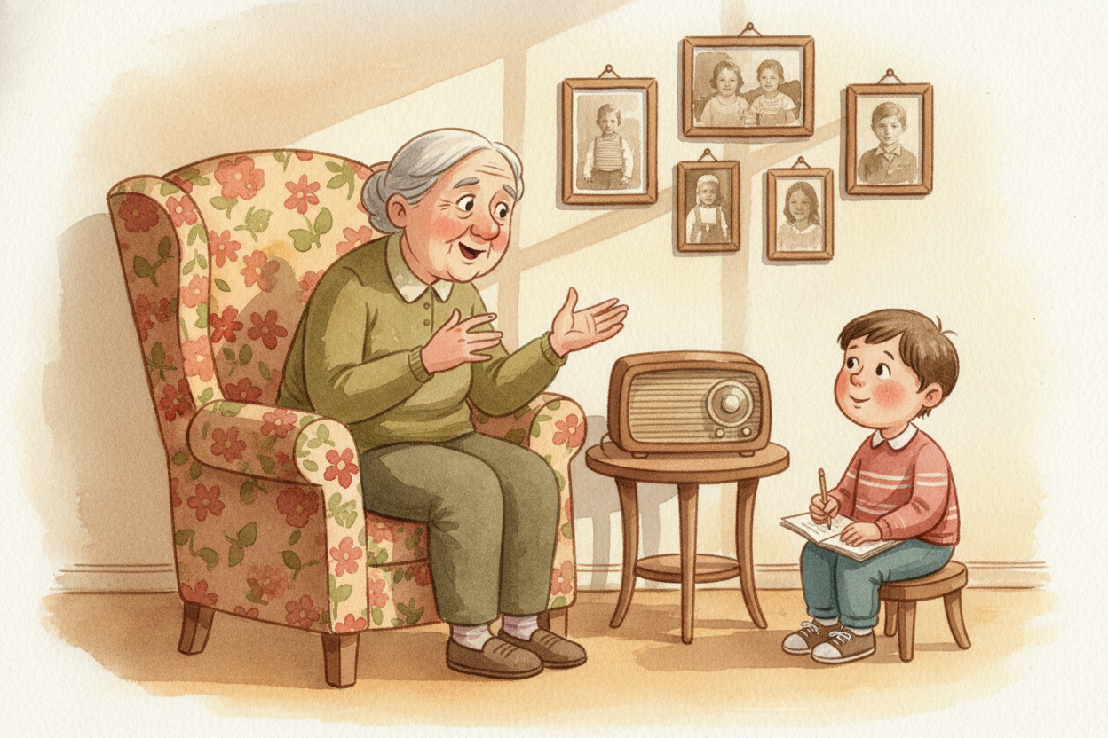 Stories pass down, too, though they **change like a game of telephone**. Your grandfather tells you about his childhood.