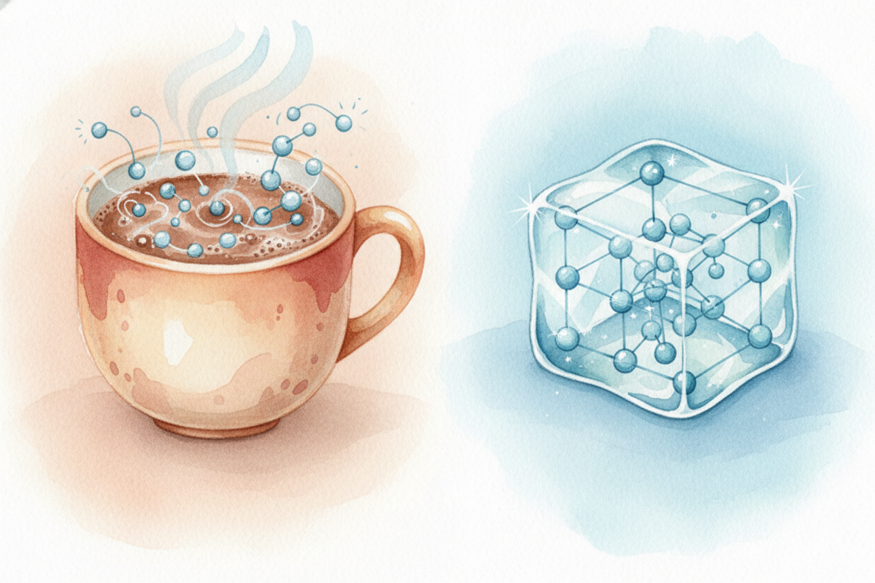 Temperature measures how fast atoms are jiggling. In a hot cup of cocoa, water molecules are **bouncing like popcorn ker