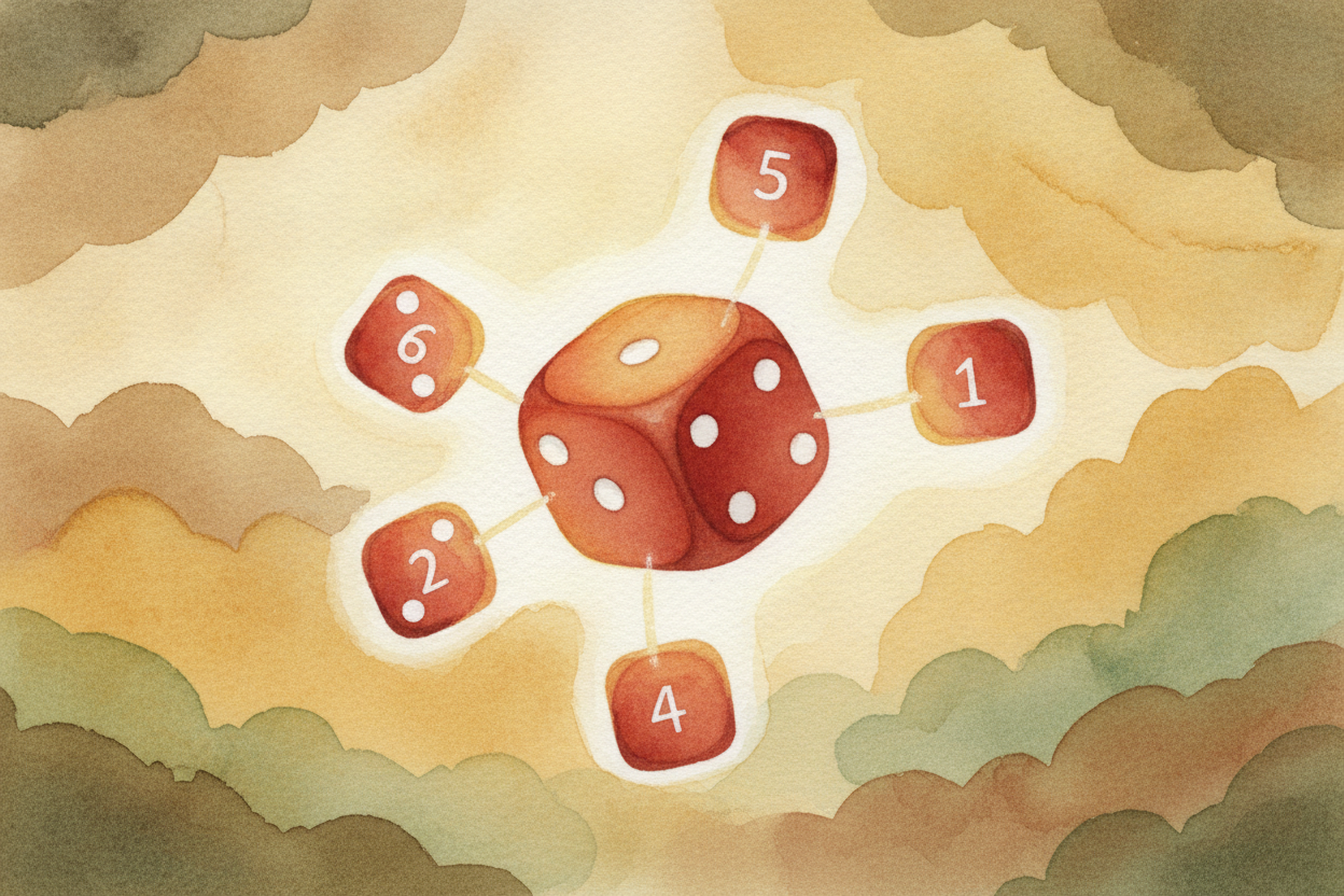 Now roll a die. ++Six faces++, each just as eager as the next to land face-up. The total is six. If you want a four, *ex