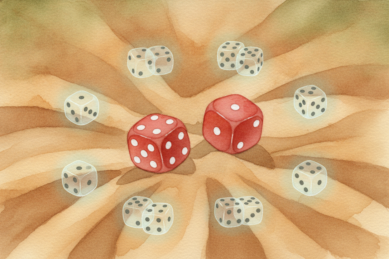 ~~Here's where people get tangled:~~ **rolling two dice at once**. It's tempting to think the total can be anything from