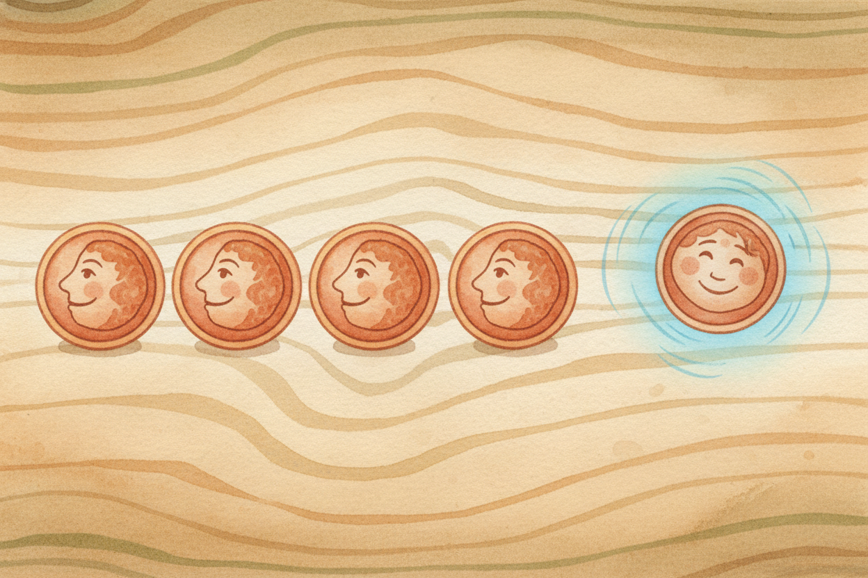 Coins have a famous trap too. Flip one four times and get four heads in a row — and a little voice whispers, "~~Tails is