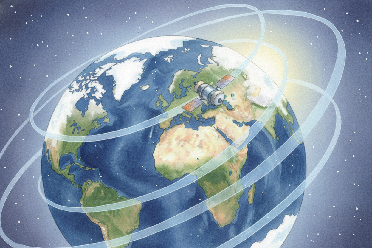 Other satellites are in *++polar orbit++* — they fly over the North and South Poles in a big loop. As Earth rotates unde