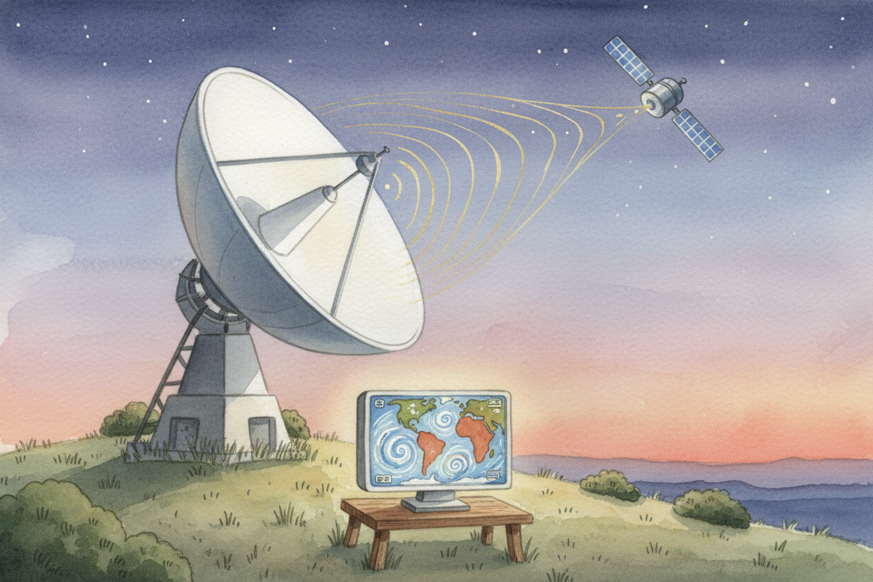 **Every few minutes**, the satellites beam their pictures down to ~~big dish antennas~~ on the ground. Computers stitch 