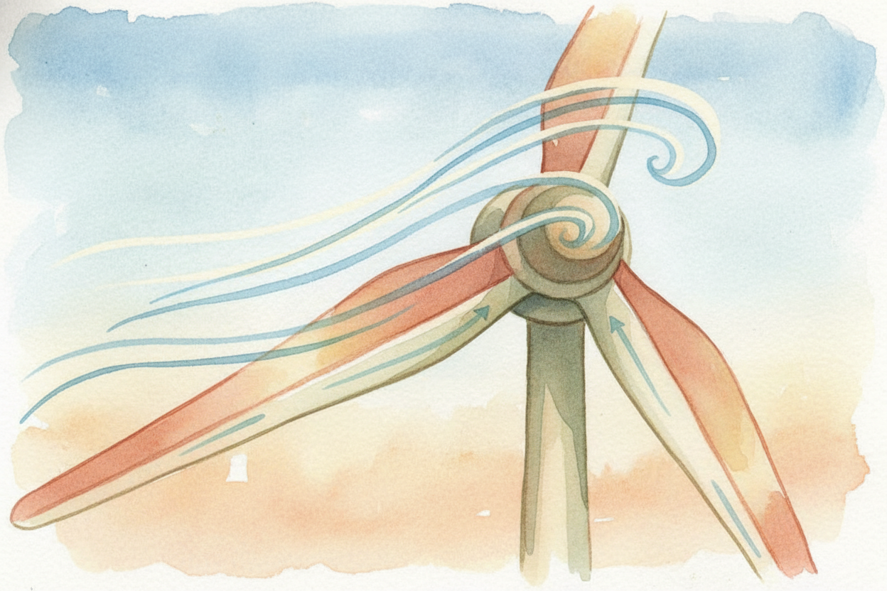 ~~It starts with the blades.~~ When wind hits them, it pushes. The blades are shaped like airplane wings — **curved on o