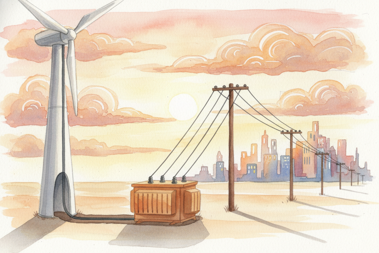 The electricity flows out of the generator as alternating current — ++AC++, the kind your house uses. Cables carry it do