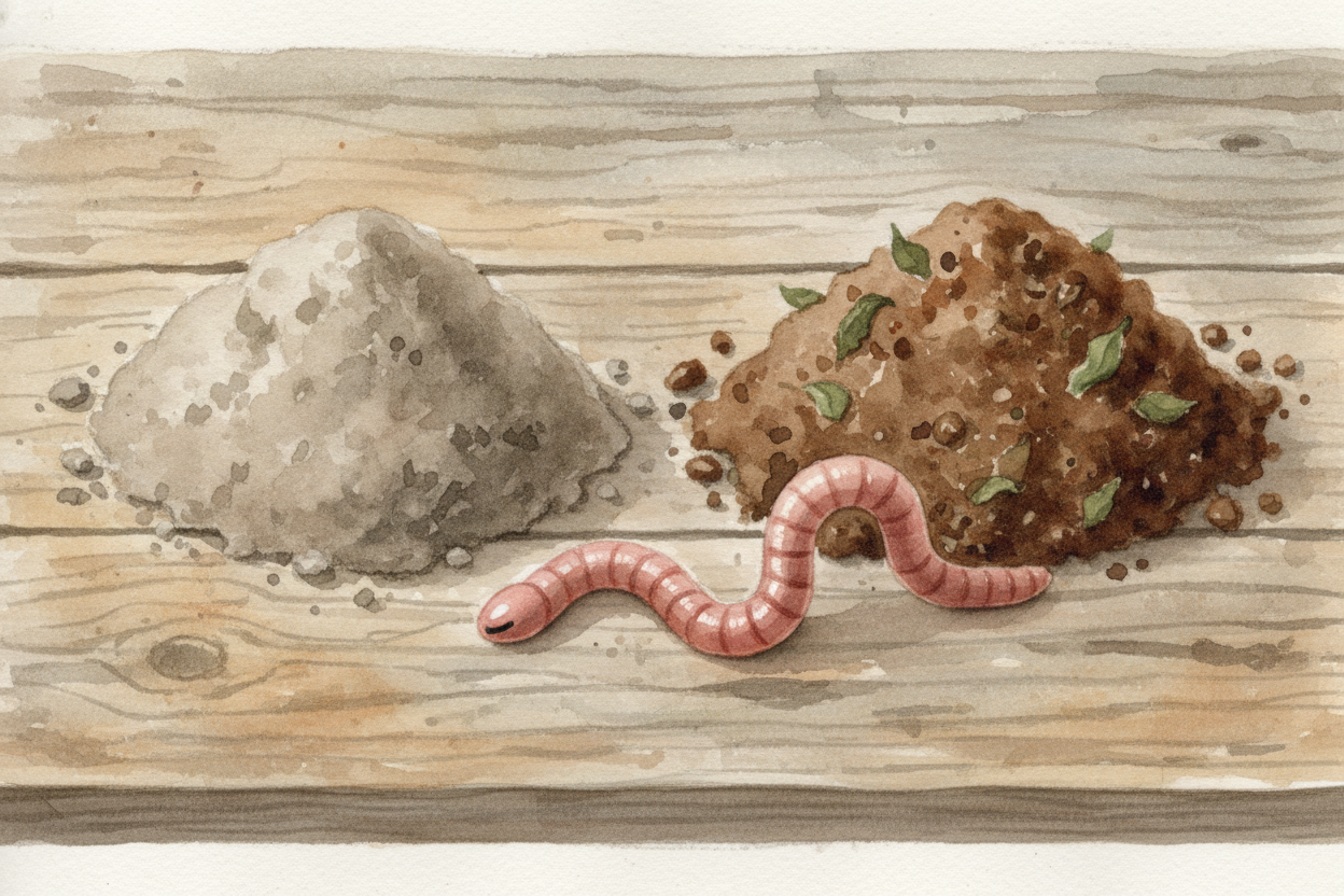 Worm castings are **better than the soil around them** — *richer, more fertile*. A handful of regular dirt might help a 