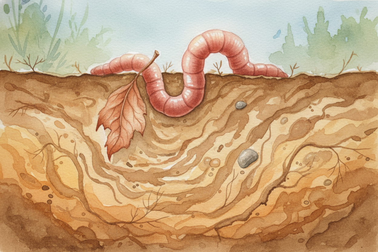 Worms also mix the soil layers like a **slow-motion blender**. They *pull dead leaves from the surface down into their t