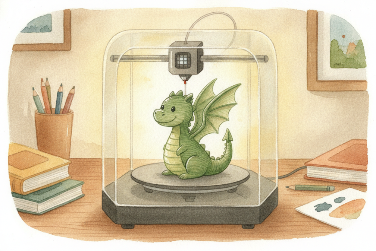A 3D printer hums in the corner, and slowly, magically, a tiny dragon appears on its tray — wings, tail, and all. It loo