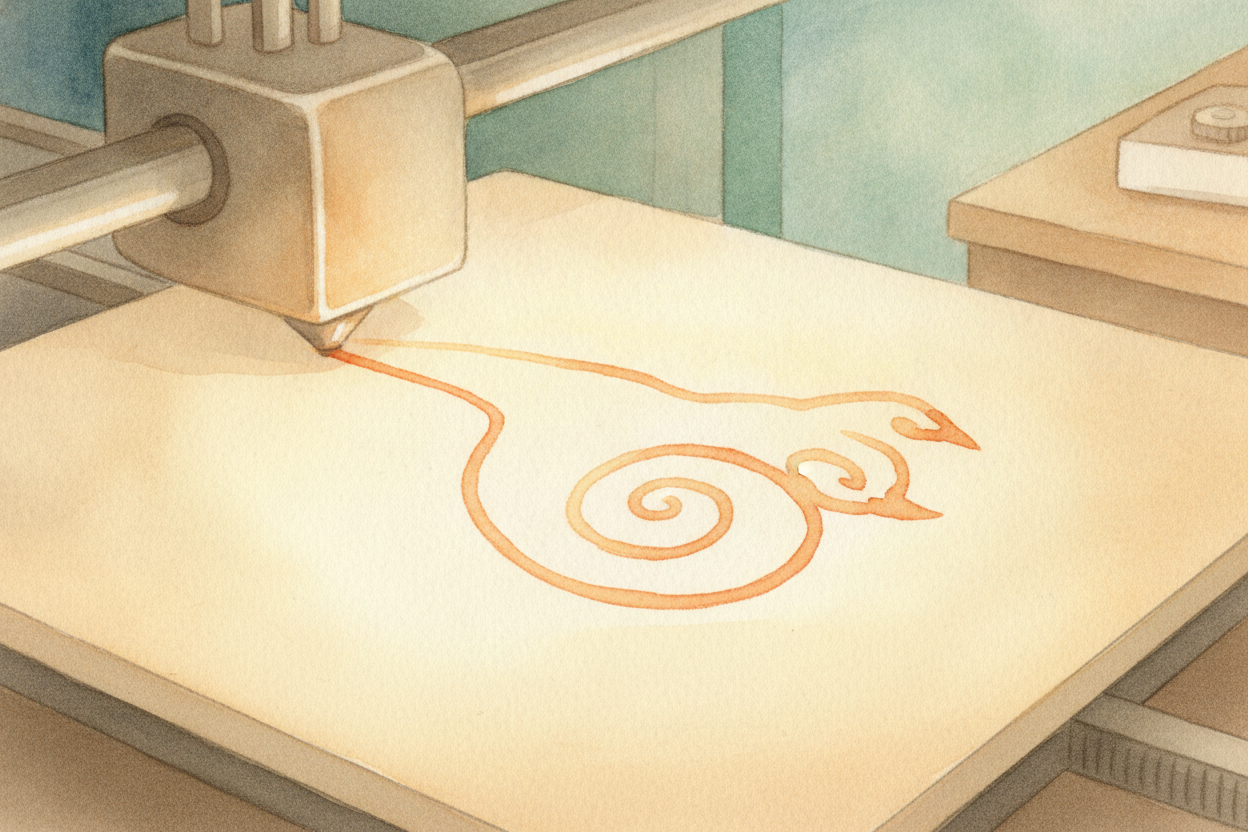 ~~Now the clever part.~~ The nozzle glides around **like a pen drawing on paper** — except it draws with *melted plastic