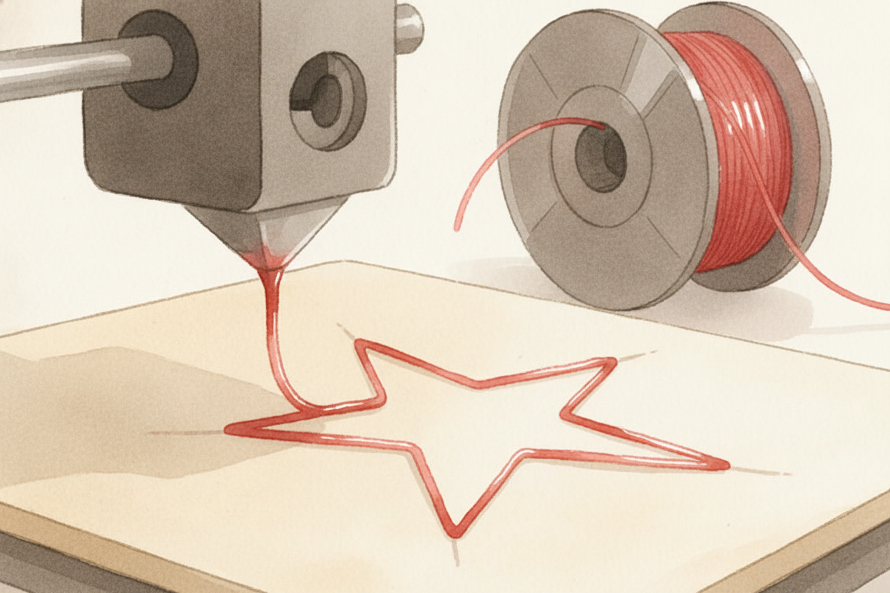 The printer heats plastic filament — a long spool of it, **like thick string** — until it melts into a gooey strand. The