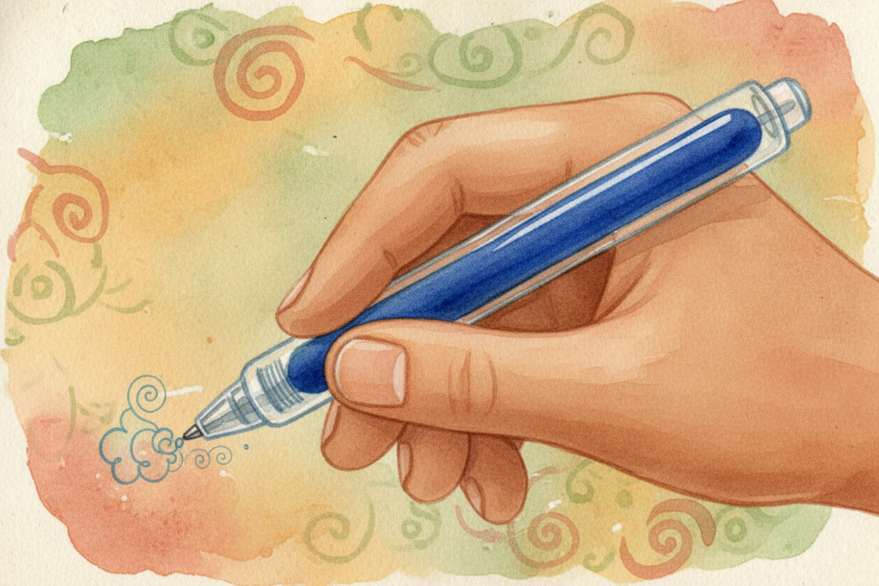 Gravity helps too. Most pens are held tip-down when you write, so the heavy ink column slowly pushes toward the ball. ~~