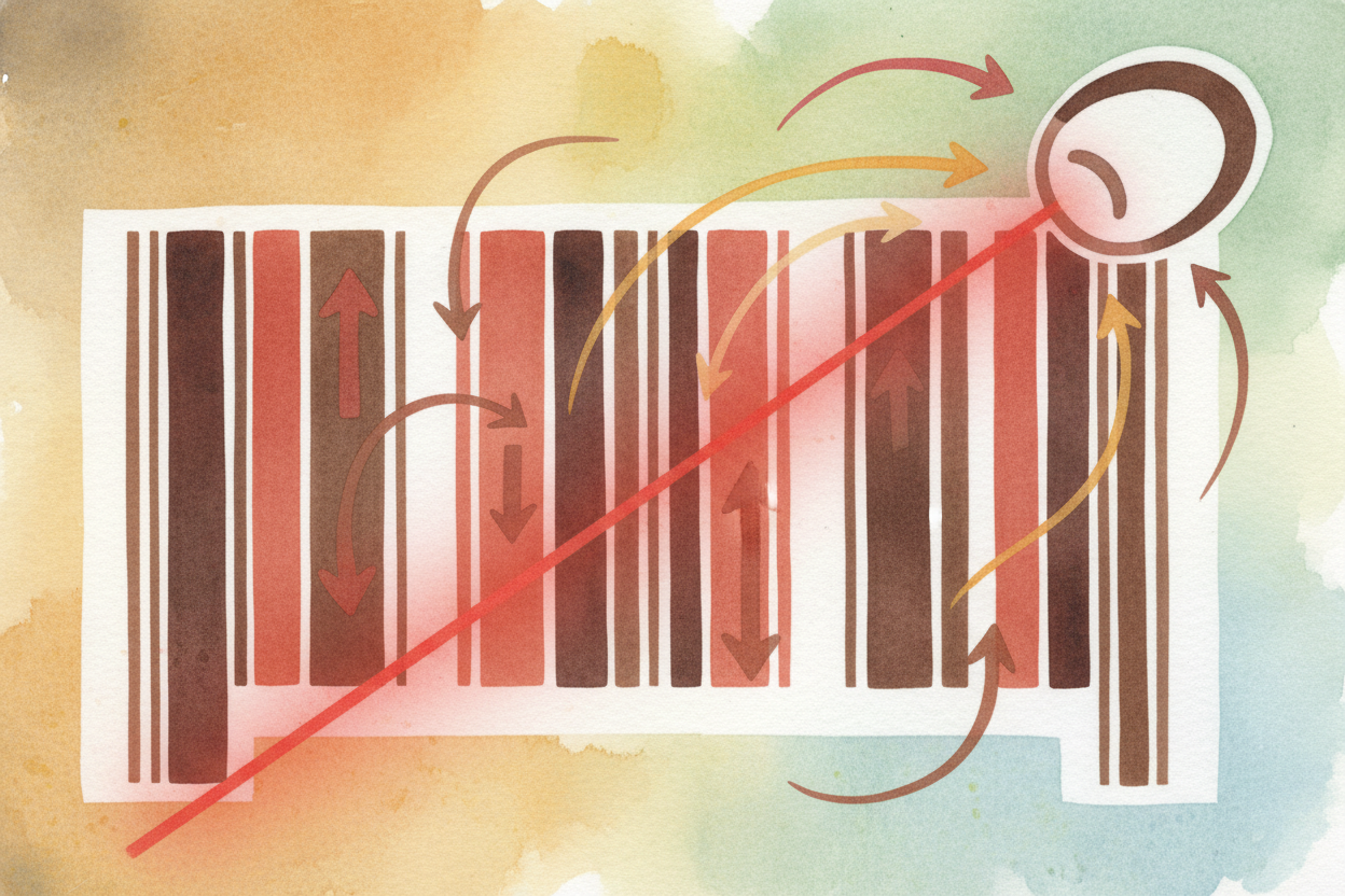 The scanner ~~shoots a red laser beam~~ across the stripes. Black bars absorb the light — they **swallow it up** and not