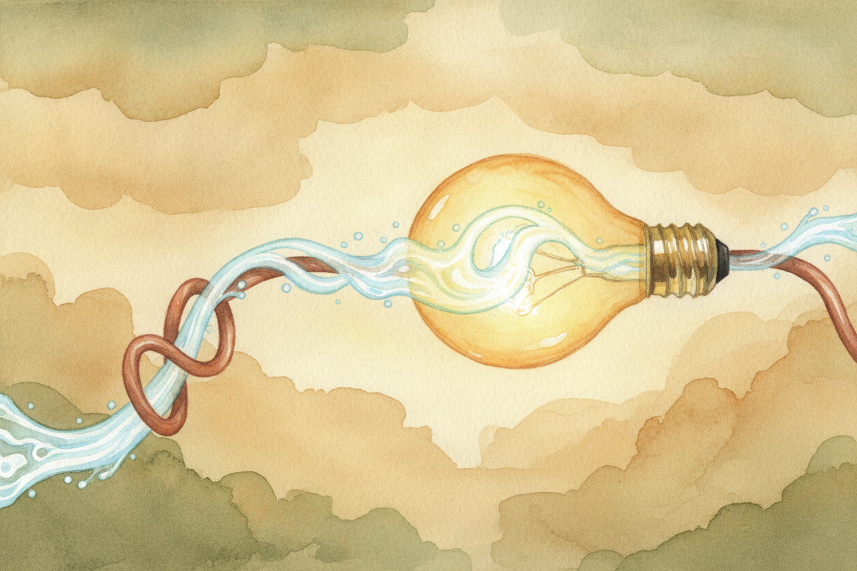 The electrons pour out and race along the wire in a tireless stream. ~~That moving stream is electric current~~ — **ener