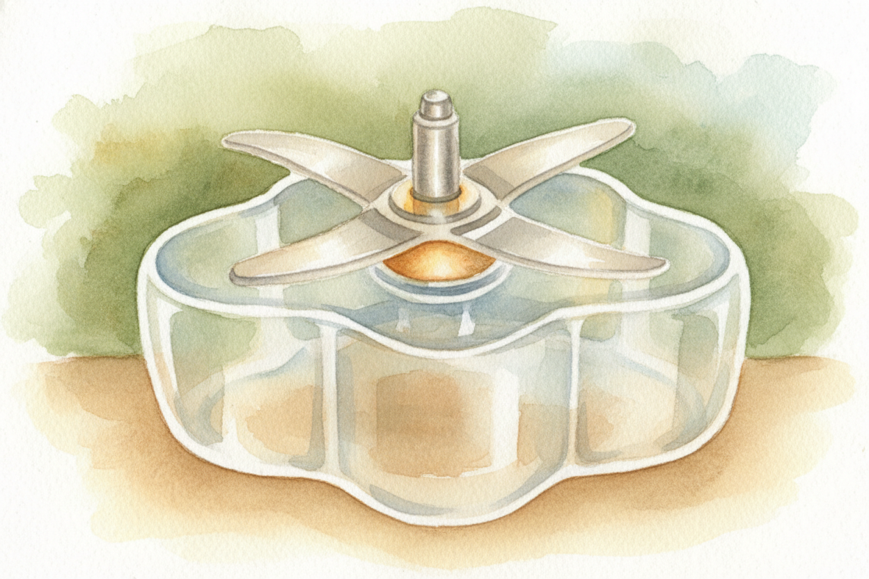 That spinning shaft pokes up through the bottom of the jar and connects to the ++blade assembly++ — **sharp metal wings 