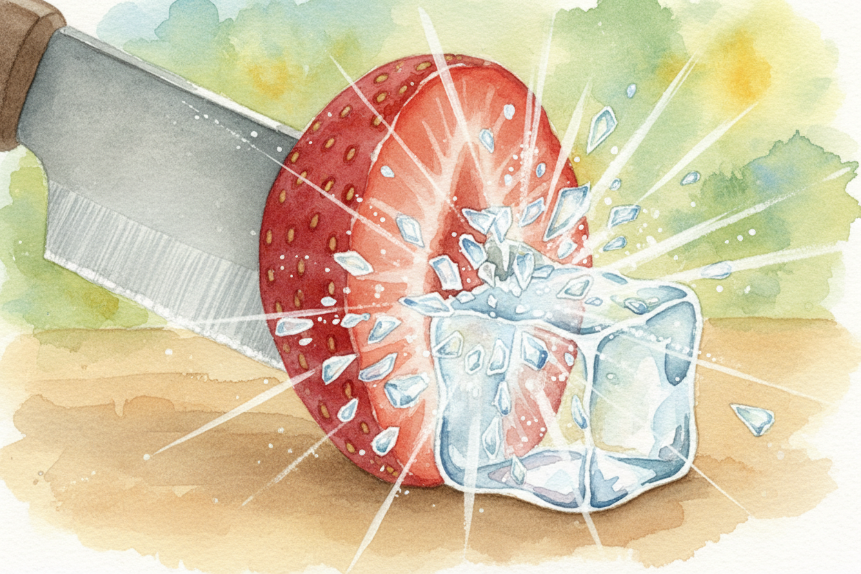 Every collision does two jobs. First, the **sharp blade edges** slice through soft things like berries and bananas. Seco