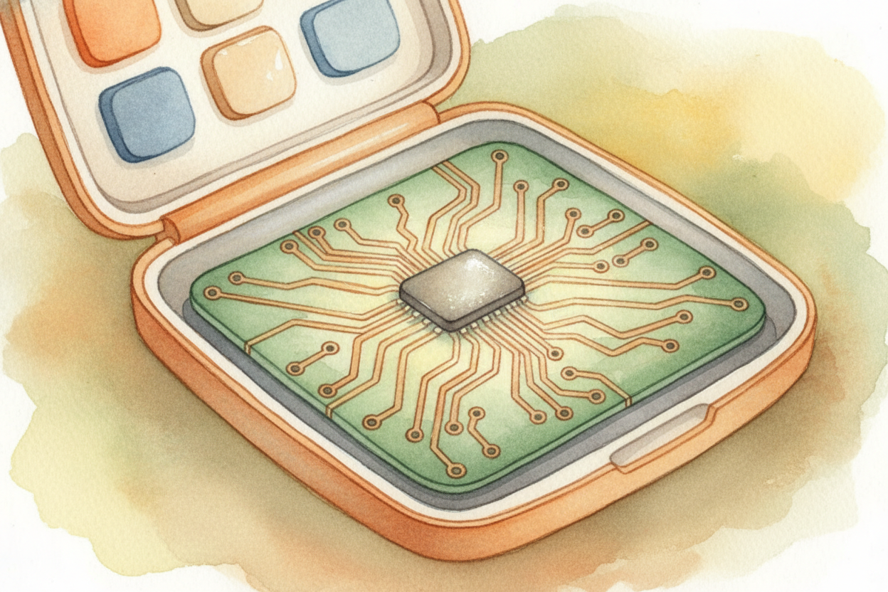 Inside every calculator sits a tiny chip — a brain made of metal and ++silicon++, **smaller than your thumbnail**. ~~But