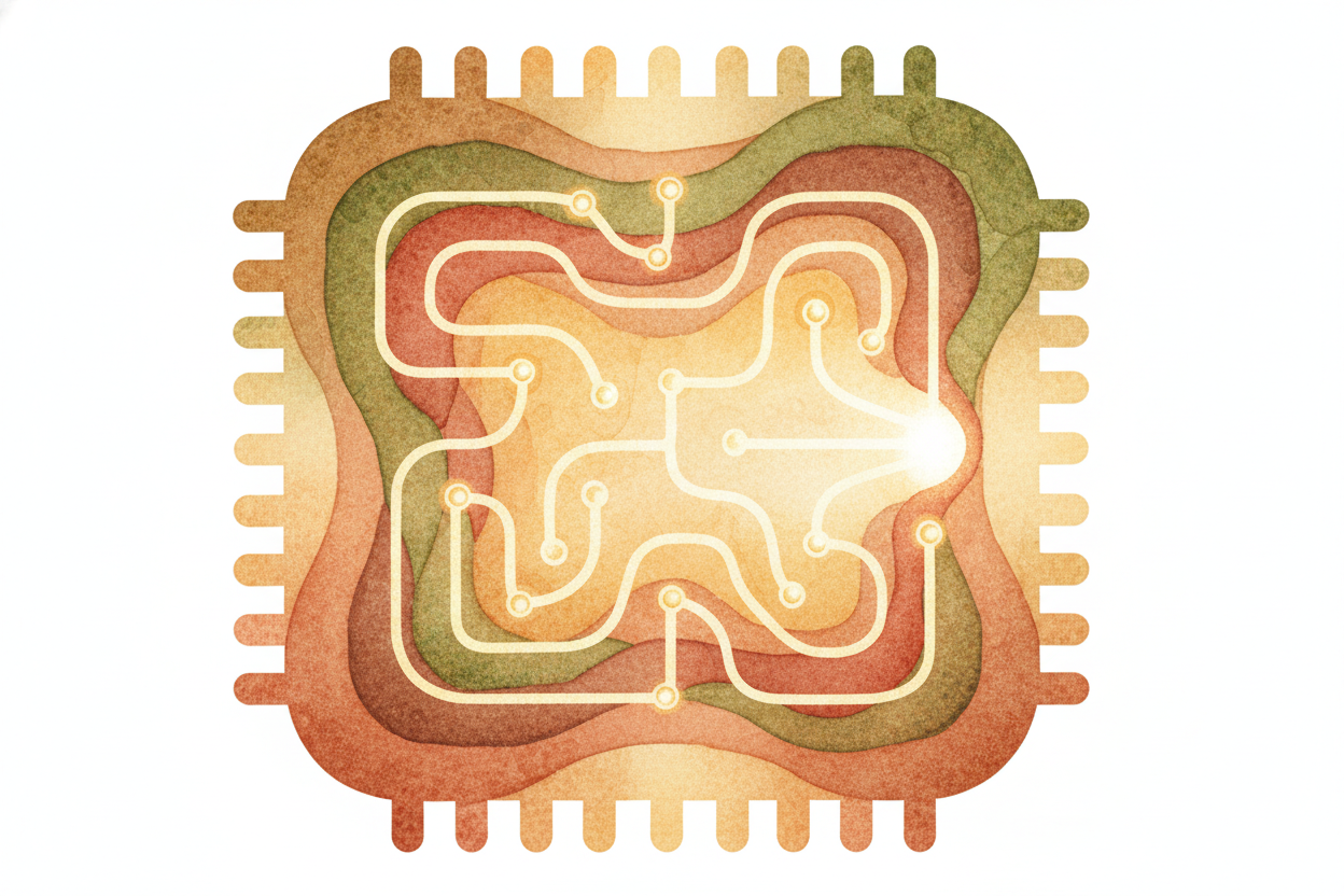 The chip doesn't "know" what adding means. Instead, it's been built with millions of microscopic gates — **tiny decision