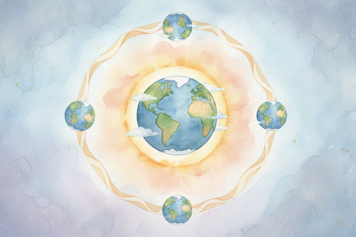 Earth takes **exactly one trip** around the sun to cycle through all four seasons — one full year. That trip always take