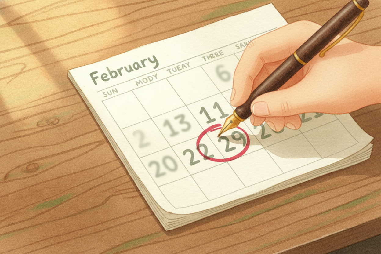 The fix: ++leap day++. **Every four years**, we add ++February 29th++ to catch up. Now the *calendar and the seasons sta