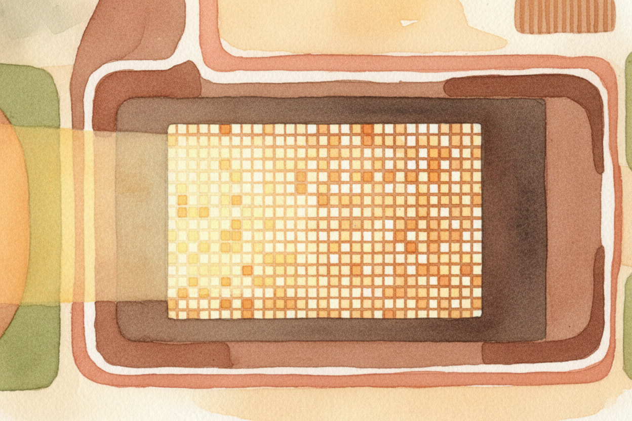 Inside the camera, there's a sensor — a flat rectangle covered in millions of tiny light-catching squares called ++pixel