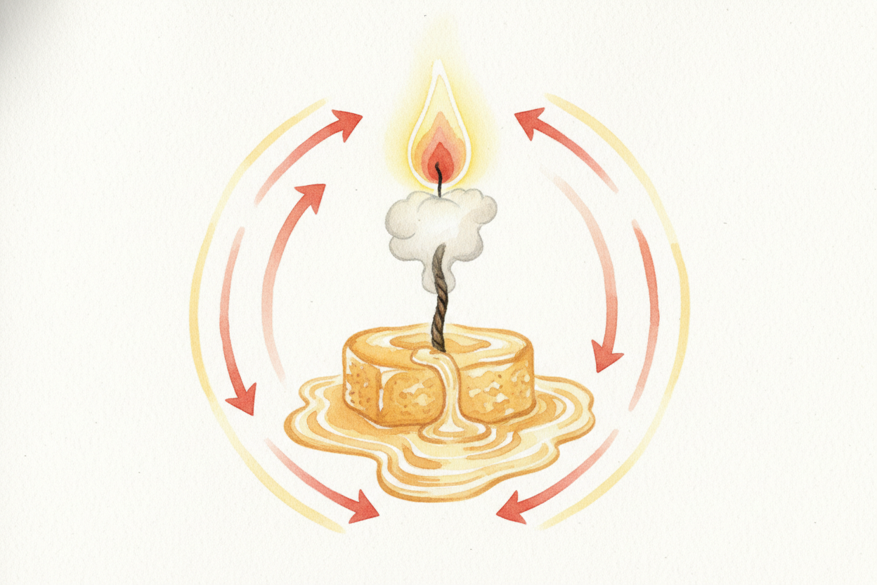 When wax vapor burns, it **combines with oxygen** from the air and releases energy — that's the light and heat you see. 