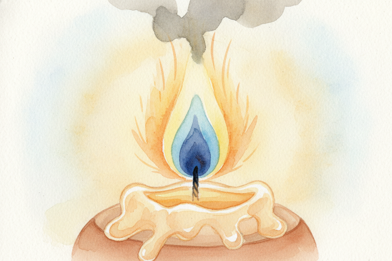 The wick itself *barely burns* because it's always **soaked with wax**, _which keeps it cool enough to survive_. But as 