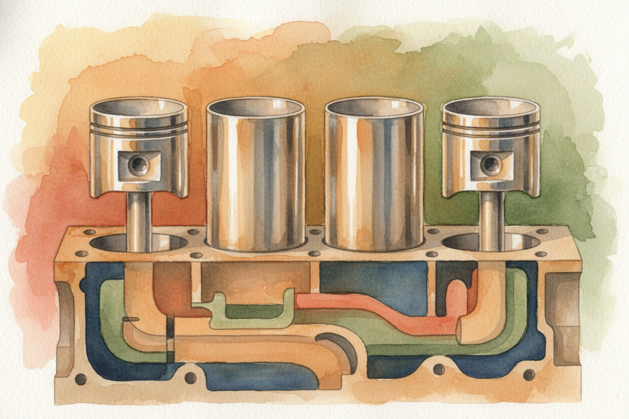 The engine is basically a **metal box with cylinders** inside — _think of them like tall metal cans_. Each cylinder has 