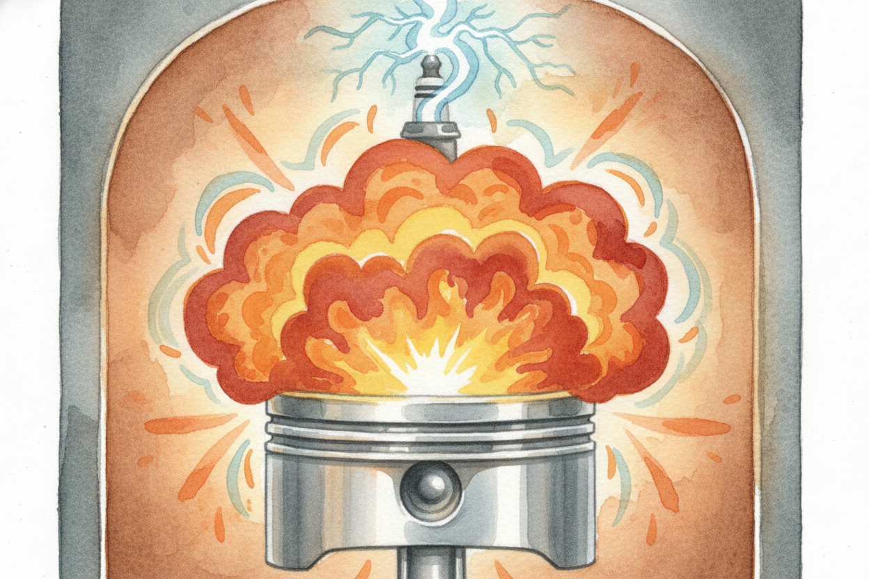 So what pushes the piston? An explosion. Here's the recipe: the engine sucks in air and a mist of gasoline, squeezes the