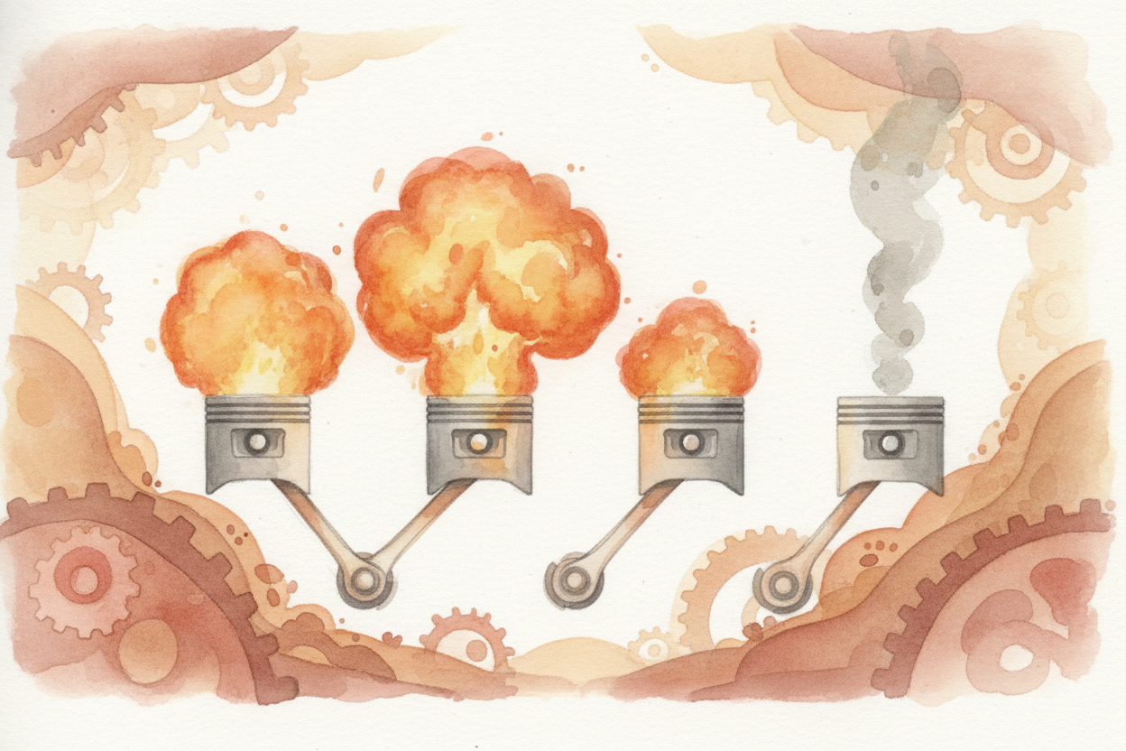 Now, one piston going down once wouldn't move your car very far. But this explosion happens in each cylinder over and ov