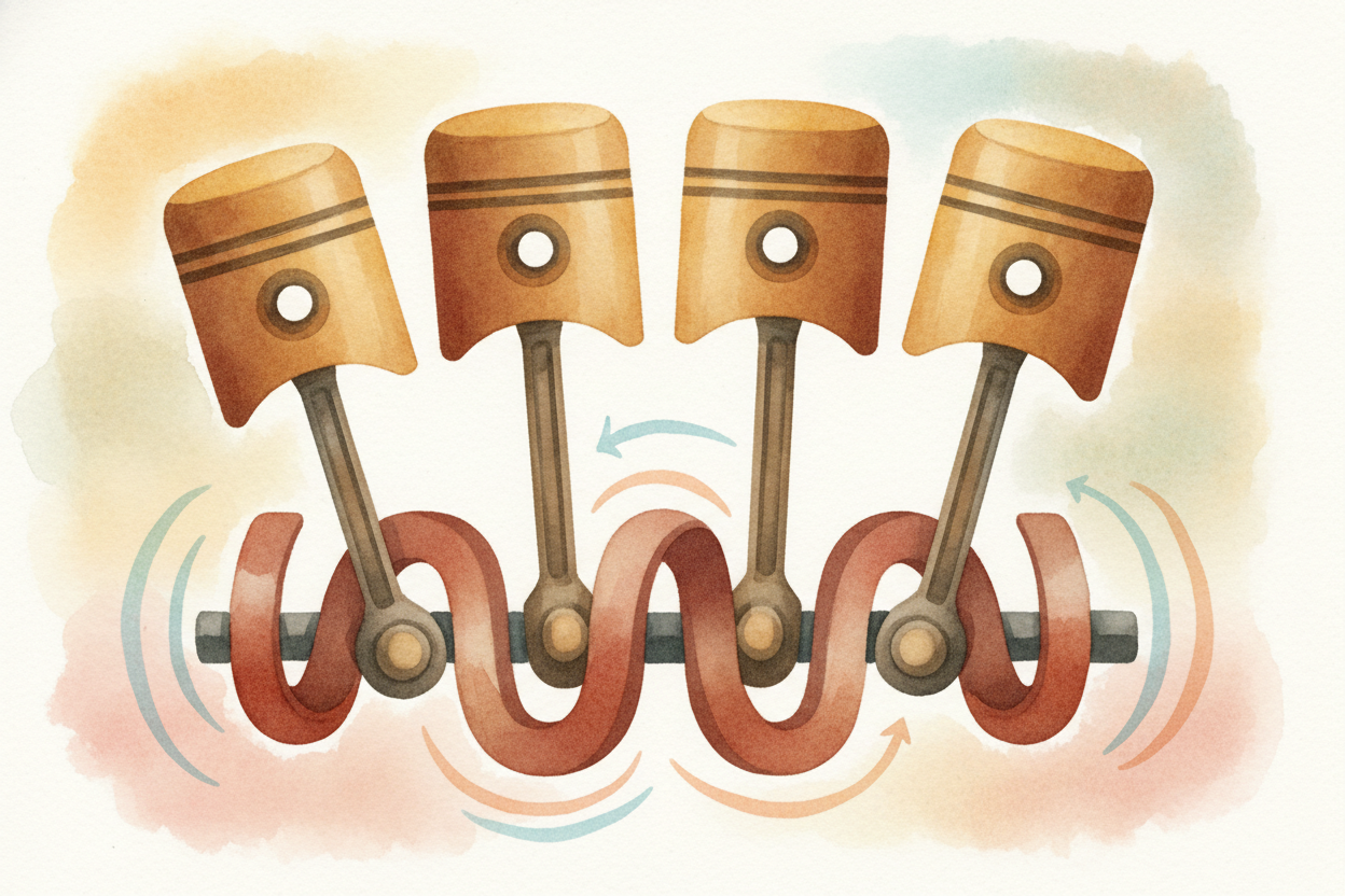 Each piston is connected to a long metal rod, and all those rods attach to one spinning shaft called the ++crankshaft++.