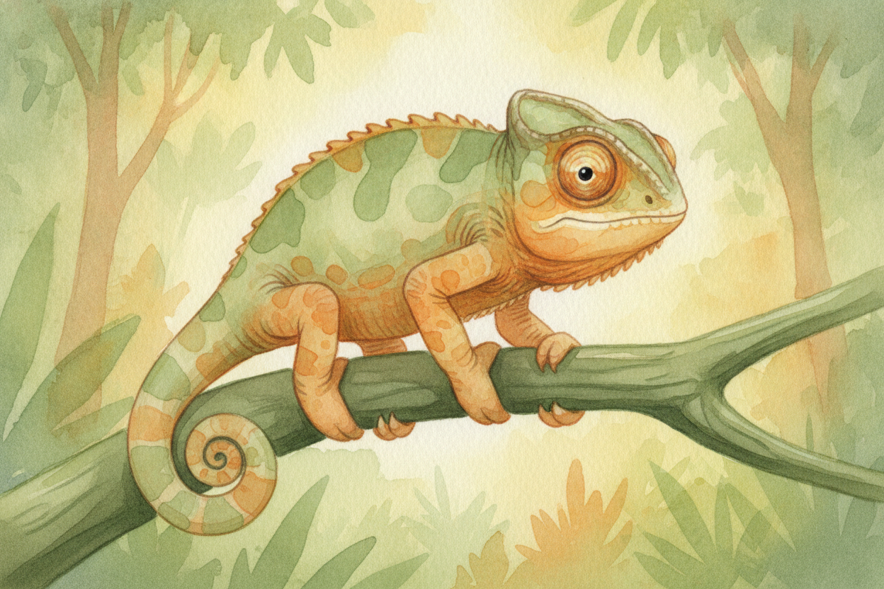 A chameleon sits on a branch, calm as a teacup, while its skin slides from leafy green to sunset orange. ~~And here's th