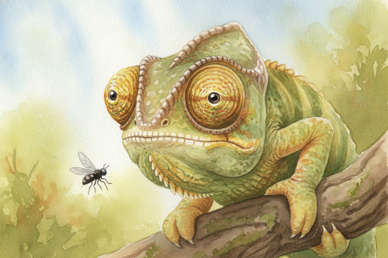 ~~Now for the second superpower:~~ those **swiveling eyes**. Each of the chameleon's eyes sits on a little cone-shaped t