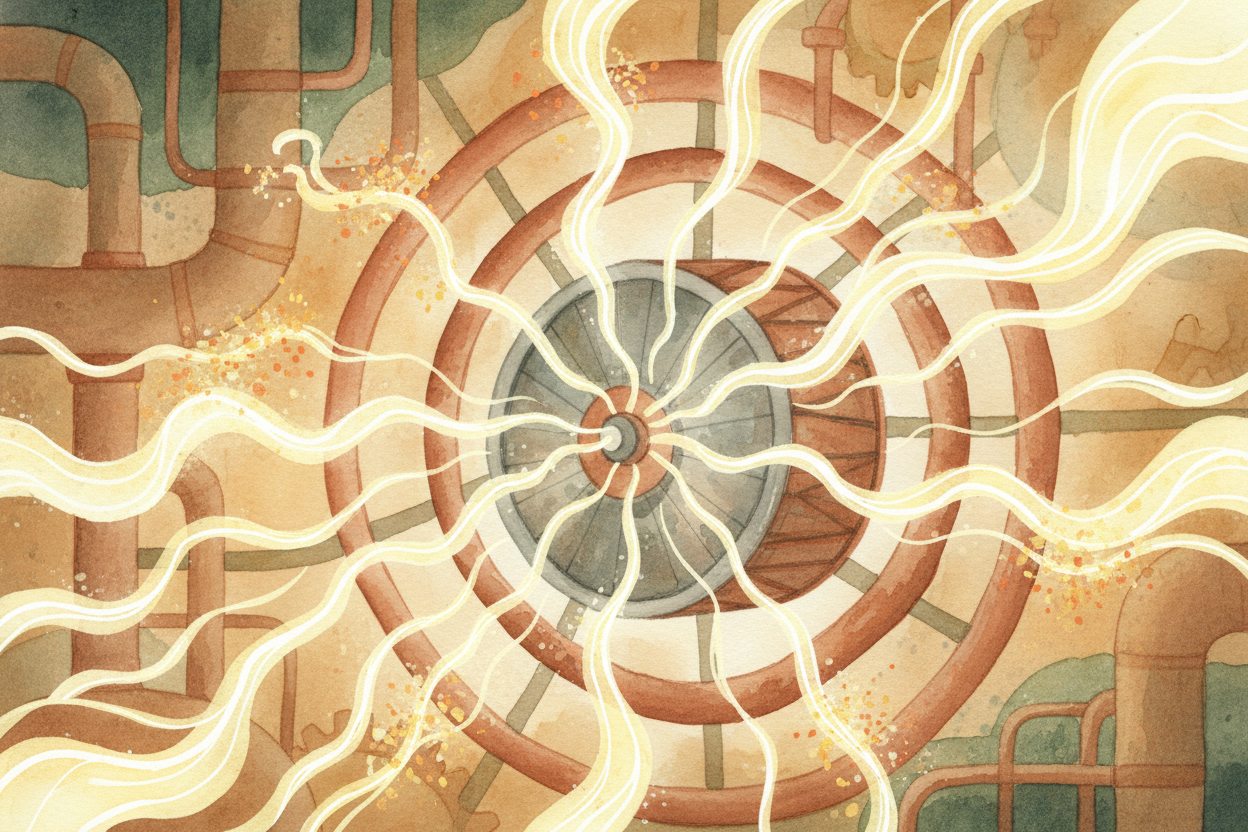 Now, electricity. Most of it starts at a power plant, where something **spins a giant magnet** inside coils of copper wi