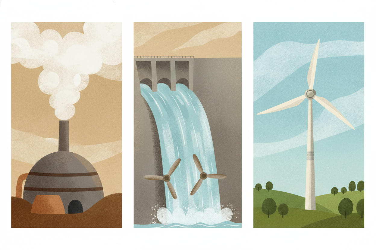 What spins the magnet? Usually burning fuel — coal, natural gas, or oil — boils water into steam, and the steam blasts a