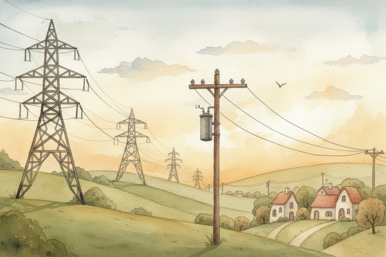 The electricity **races out** on high-voltage power lines — the thick cables you see strung between tall metal towers. *