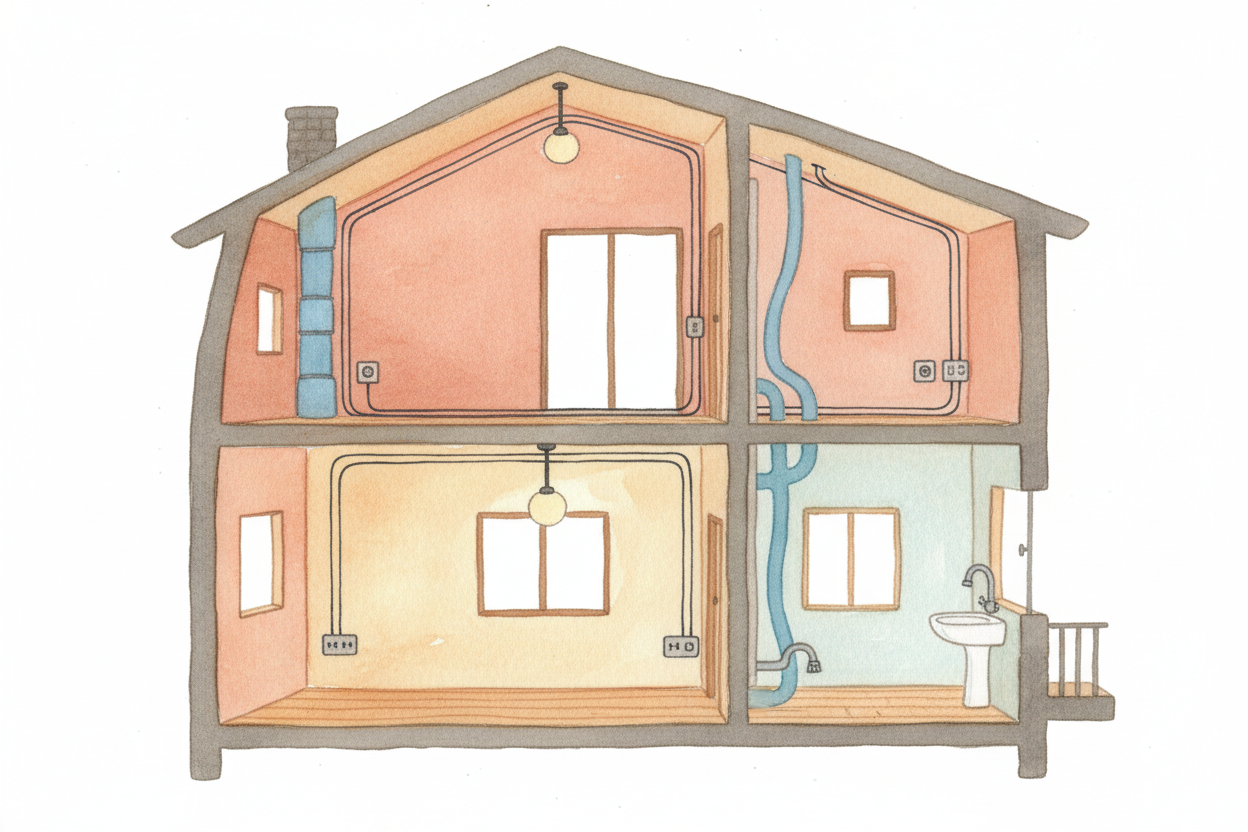 Those wires slip into your house through a ++meter++ that *counts how much electricity you use*, then branch to every ou