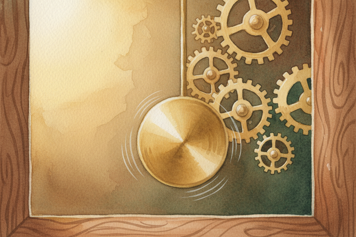 Old clocks used a swinging weight called a ++pendulum++. Gravity pulls it down, momentum swings it back up — ~~tick, toc