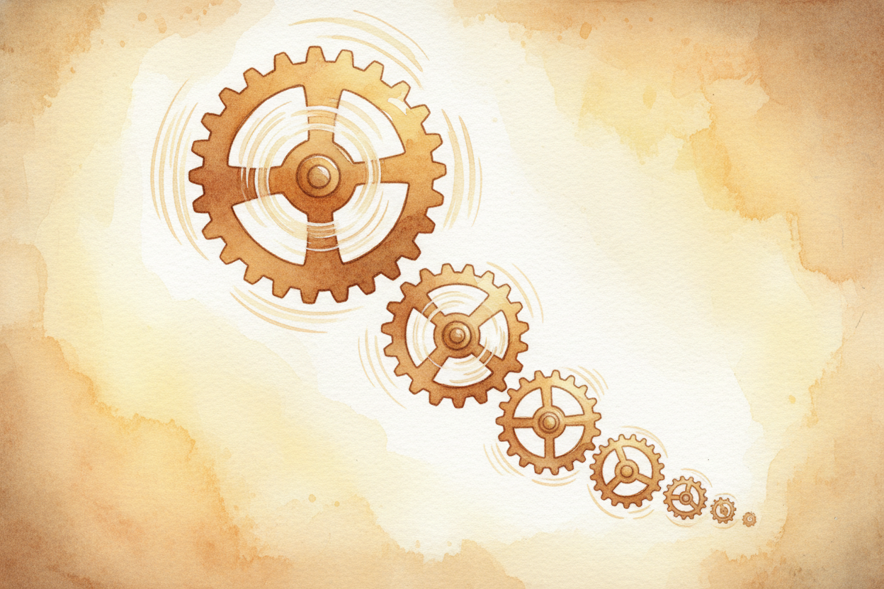 Each swing of the pendulum nudges a gear. That gear has teeth that catch and release, **one tooth per tick**. The gear t