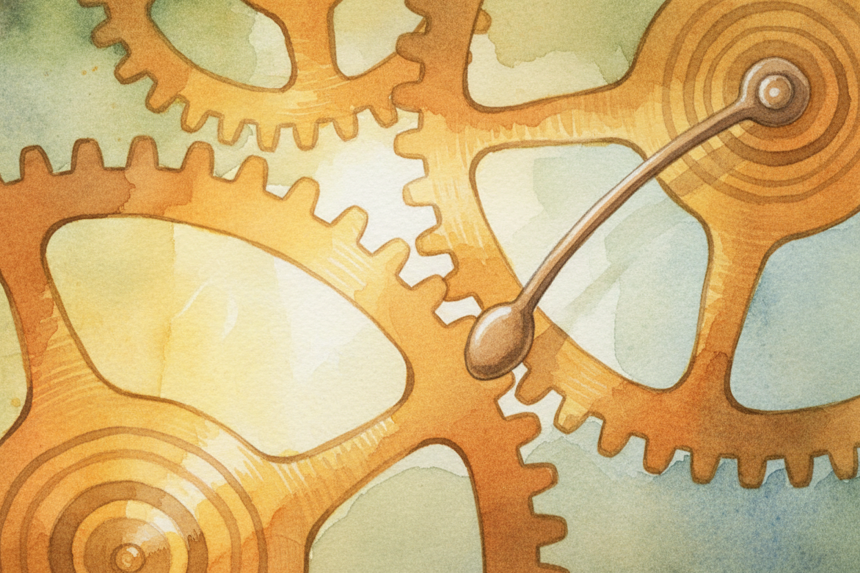 Inside that old clock, the swinging pendulum pushes a tiny tooth on a wheel. The wheel clicks forward one notch — ~~*tic