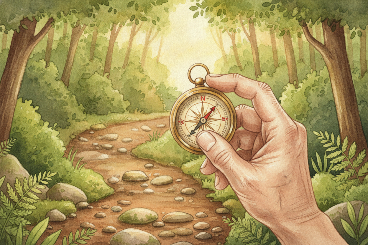 당신은 손바닥 위에 *작은 원반*을 올려놓습니다. ~~그런데~~ 몸을 아무리 돌려도, 그 안의 바늘은 **무언가 고집이라도 부리듯** 다시 같은 자리로 돌아가요. 북쪽이라고, 바늘은 말합니다. *언제나 북쪽이라고요.