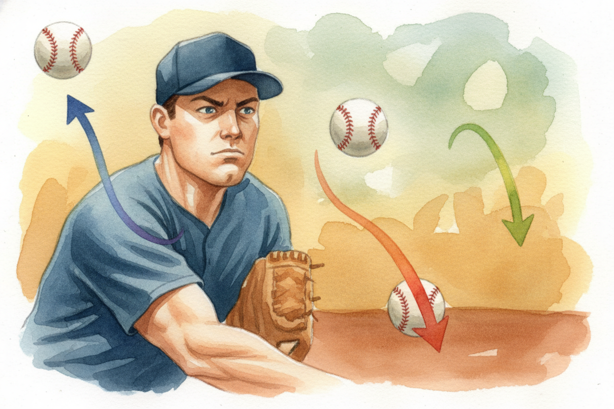 Different spins create different curves. **A curveball spins forward and down** — ~~it drops~~. **A slider spins at an a