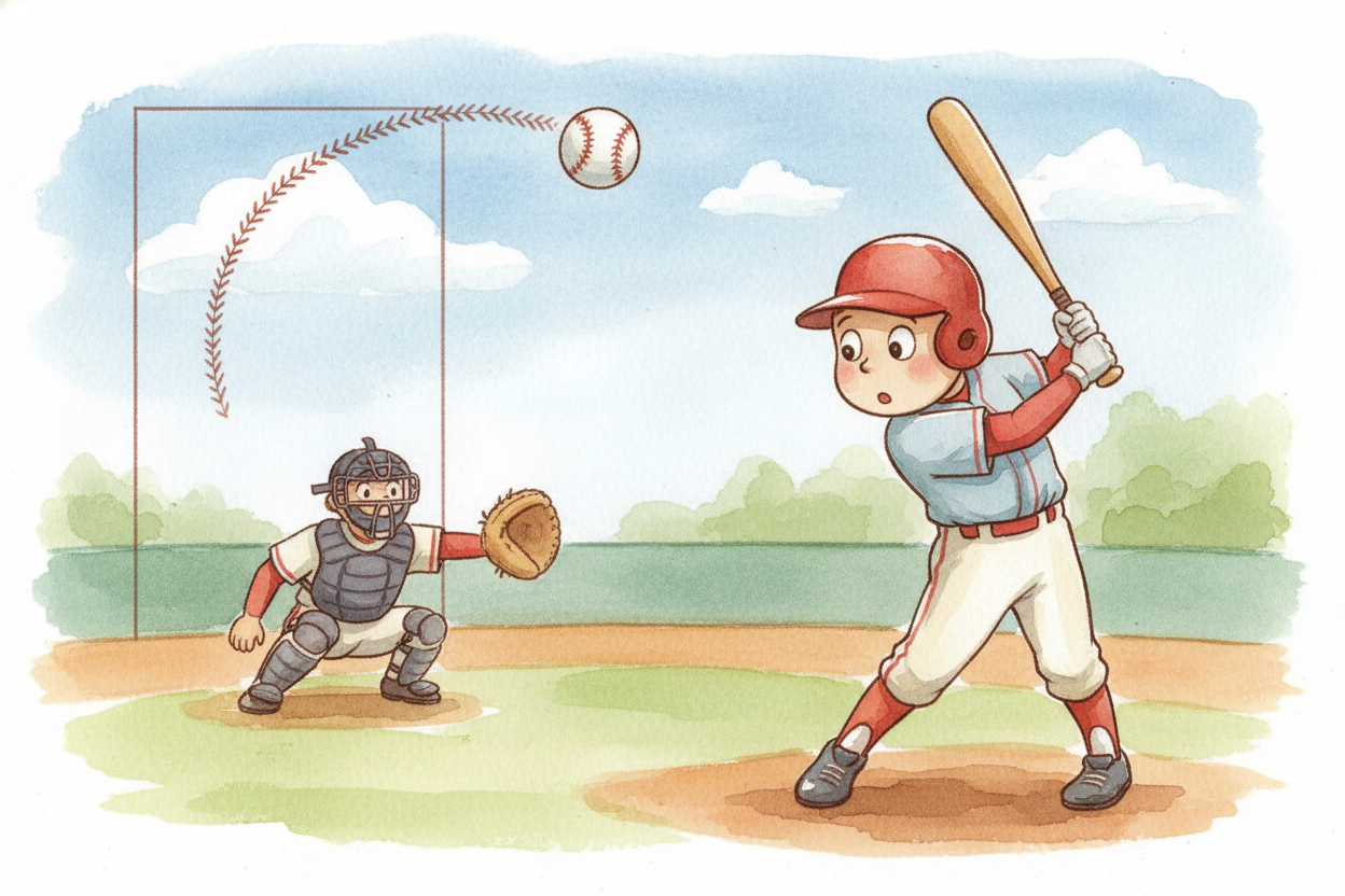 The curve isn't huge — maybe **six to twelve inches** of sideways break by the time it reaches the plate. ~~But that's e