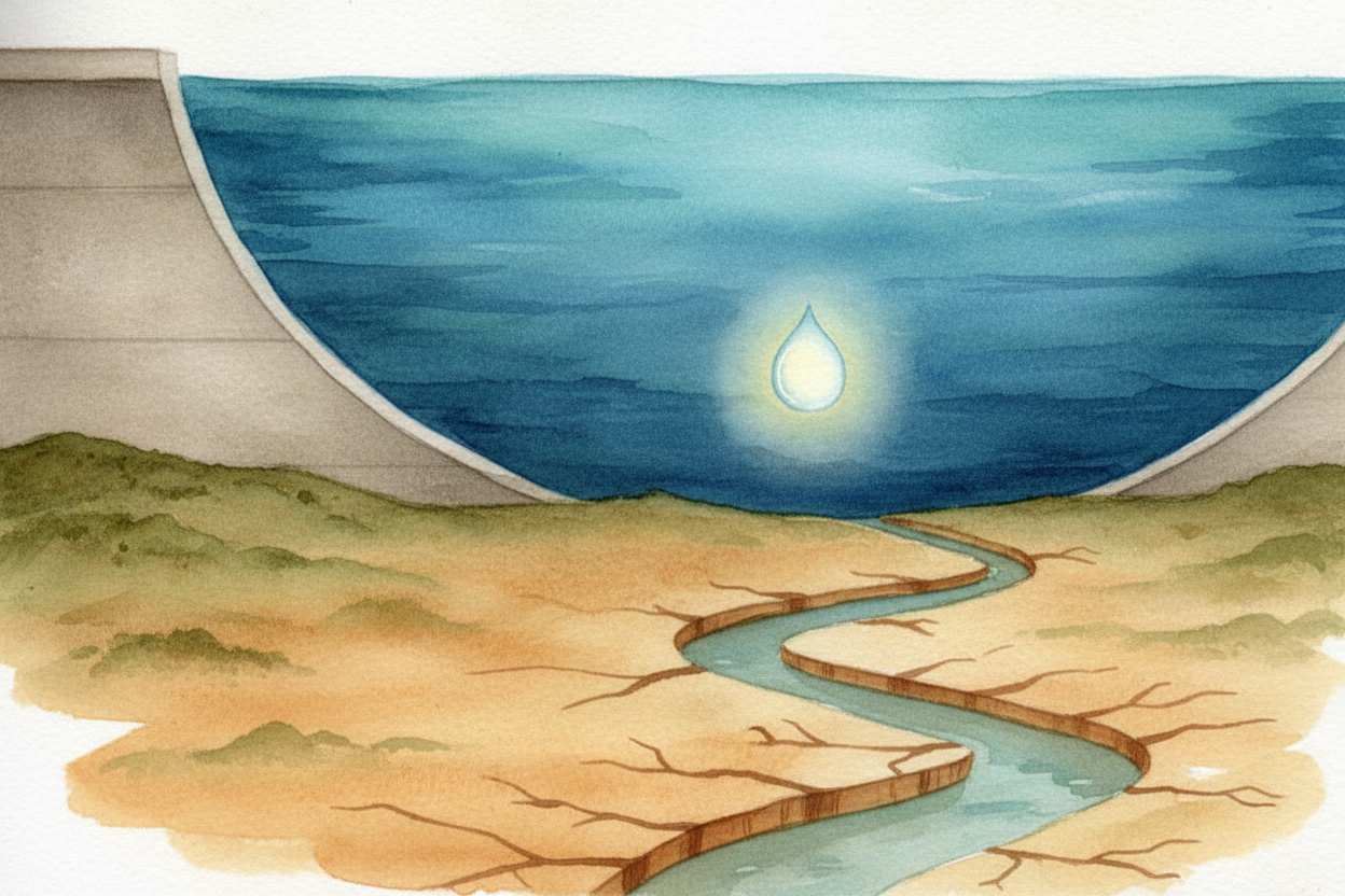 A dam is a **giant wall** built across a river. Water piles up behind it, deep and heavy, _like a bathtub that never dra